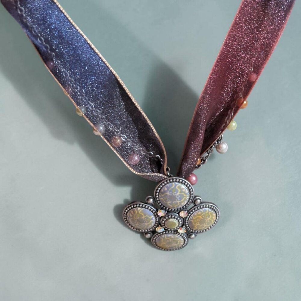 Boho Ribbon Choker Necklace Pink Purple Iridescent Pendant Fairycore Cottagecore - Picture 2 of 6